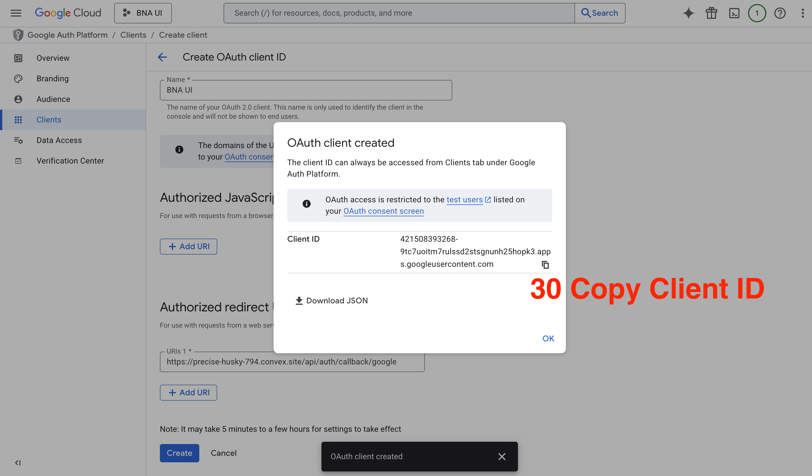 OAuth credentials list in Google Cloud Console